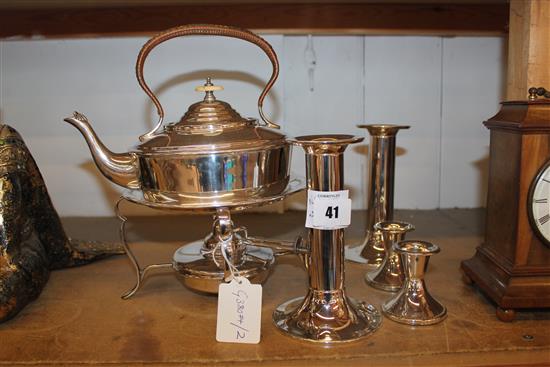 Mappin & Webb silver plated kettle & stand, chromed candlesticks & plated dwarf candlesticks(-)